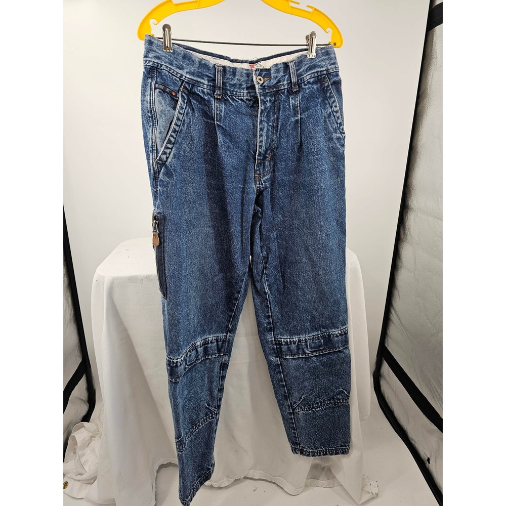 Vintage Bugle Boy 90s Acid Wash Tapered Utility Cargo Jeans Blue Mens 36L